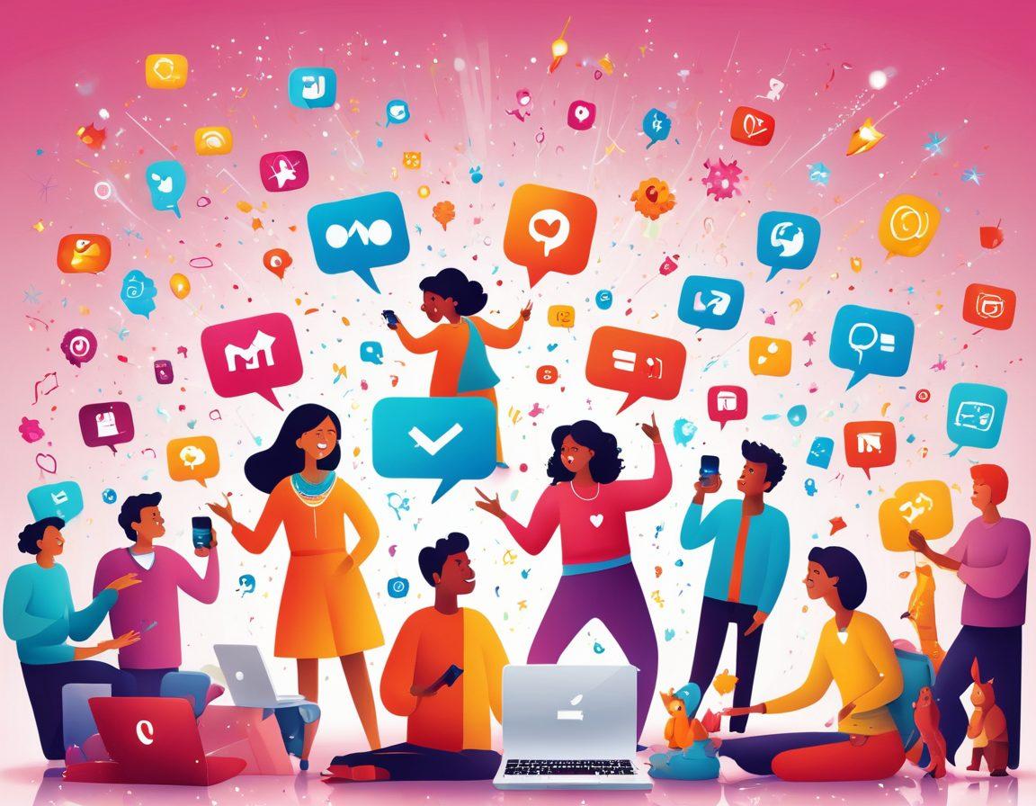 A whimsical scene depicting diverse people interacting joyfully in a colorful digital landscape filled with playful icons and symbols representing online engagement. Each character is shown clicking on vibrant devices, surrounded by sparkles and animated elements that radiate happiness and excitement. The atmosphere is bright and inviting, illustrating the essence of delightful adventures in online interactions. vector art. vibrant colors. white background.