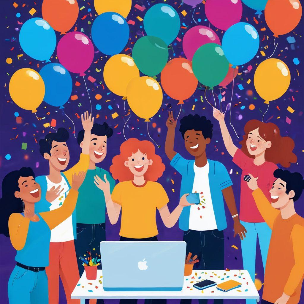 A whimsical illustration depicting a vibrant online environment filled with happy users interacting with playful interfaces. Colorful balloons and confetti float around symbolizing joy, while screens display interactive elements like quizzes and games. A diverse group of people is shown laughing and enjoying their time online. The overall mood is festive and uplifting. vector art. vibrant colors.