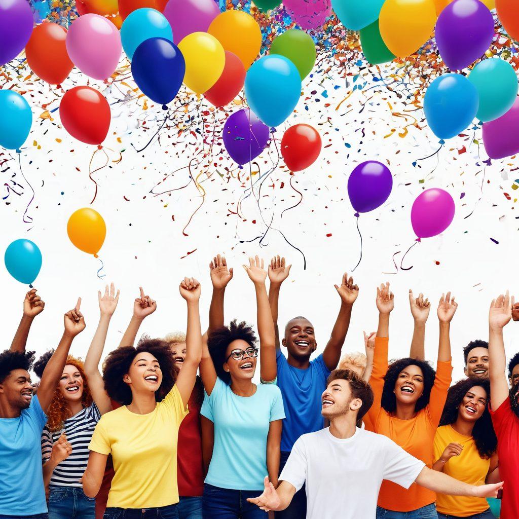 A joyful, diverse group of people interacting with colorful digital interfaces that display fun animations and cheerful graphics. Include elements of celebration like confetti and balloons around them to symbolize user happiness. The background features a vibrant, abstract representation of the internet, incorporating icons of connection and positivity. super-realistic. vibrant colors. white background.